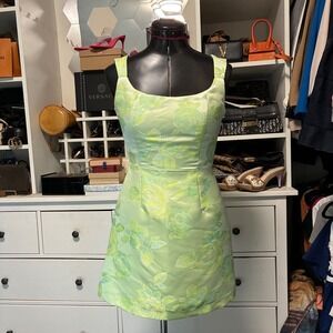 Lulus Lime Green Rose Brocade Square Neck Mini Dress XS
